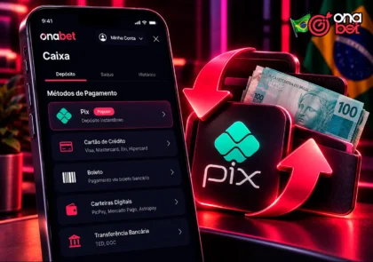 Área de pagamentos da Onabet com Pix, reais e símbolos de depósito e saque.